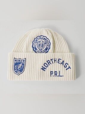 Polo Ralph Lauren Cream WINGED FOOT NORTHEAST PATCH Ribbed Knit Beanie Cap Hat